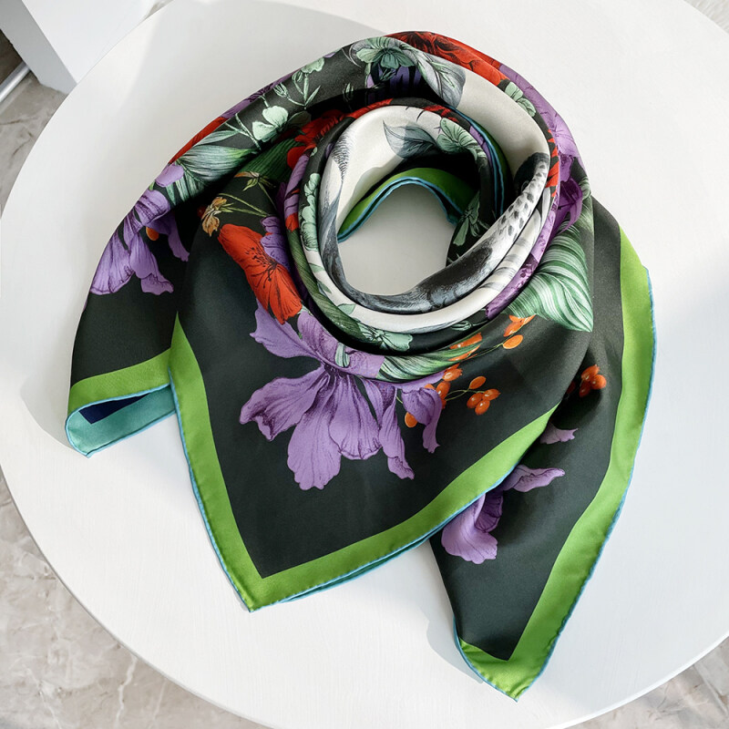 Birds And Flower Double-sides Print 16 Momme Silk Twill Scarf